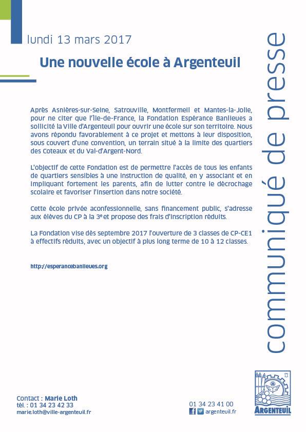 Argenteuil: prochaine ouverture d’une école par la Fondation Espérances banlieues