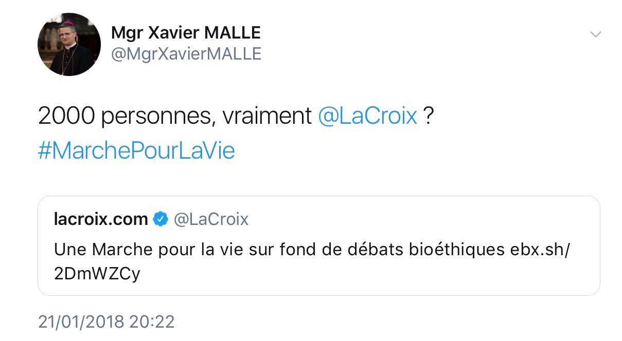 Mgr Xavier Malle ne veut pas que l’on minimise les participants à la Marche pour la vie