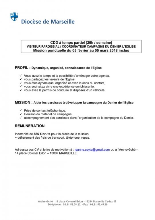 Offre d’emploi en CDD temps partiel (20h/semaine) – diocèse de Marseille – 05/02-05/03