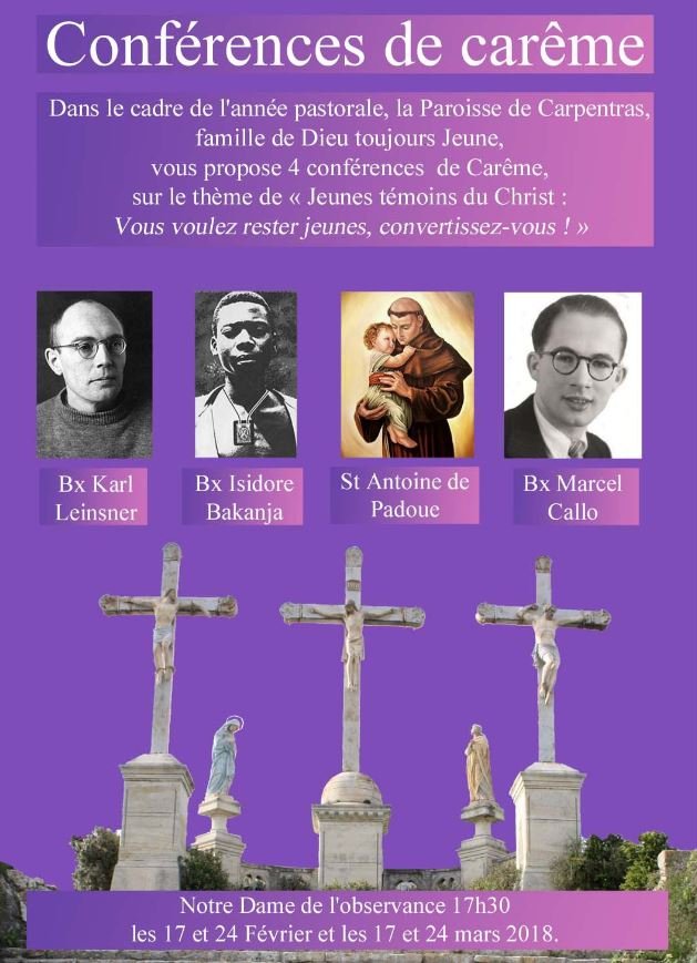 Conférences de carême 2018 – Carpentras (84) les 17, 24 février et 17 et 24 mars 2018