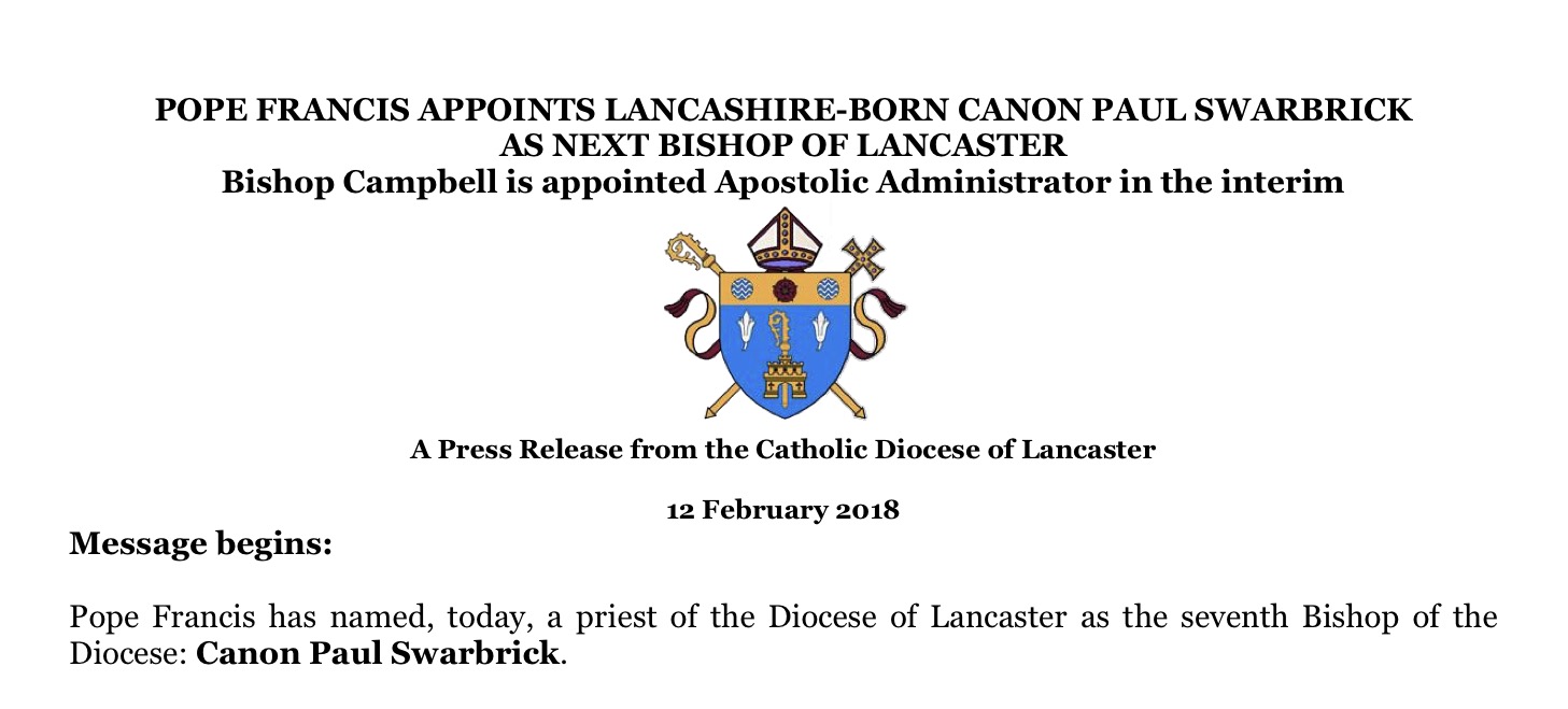 Angleterre et Pays de Galles – Nomination du nouvel évêque de Lancaster