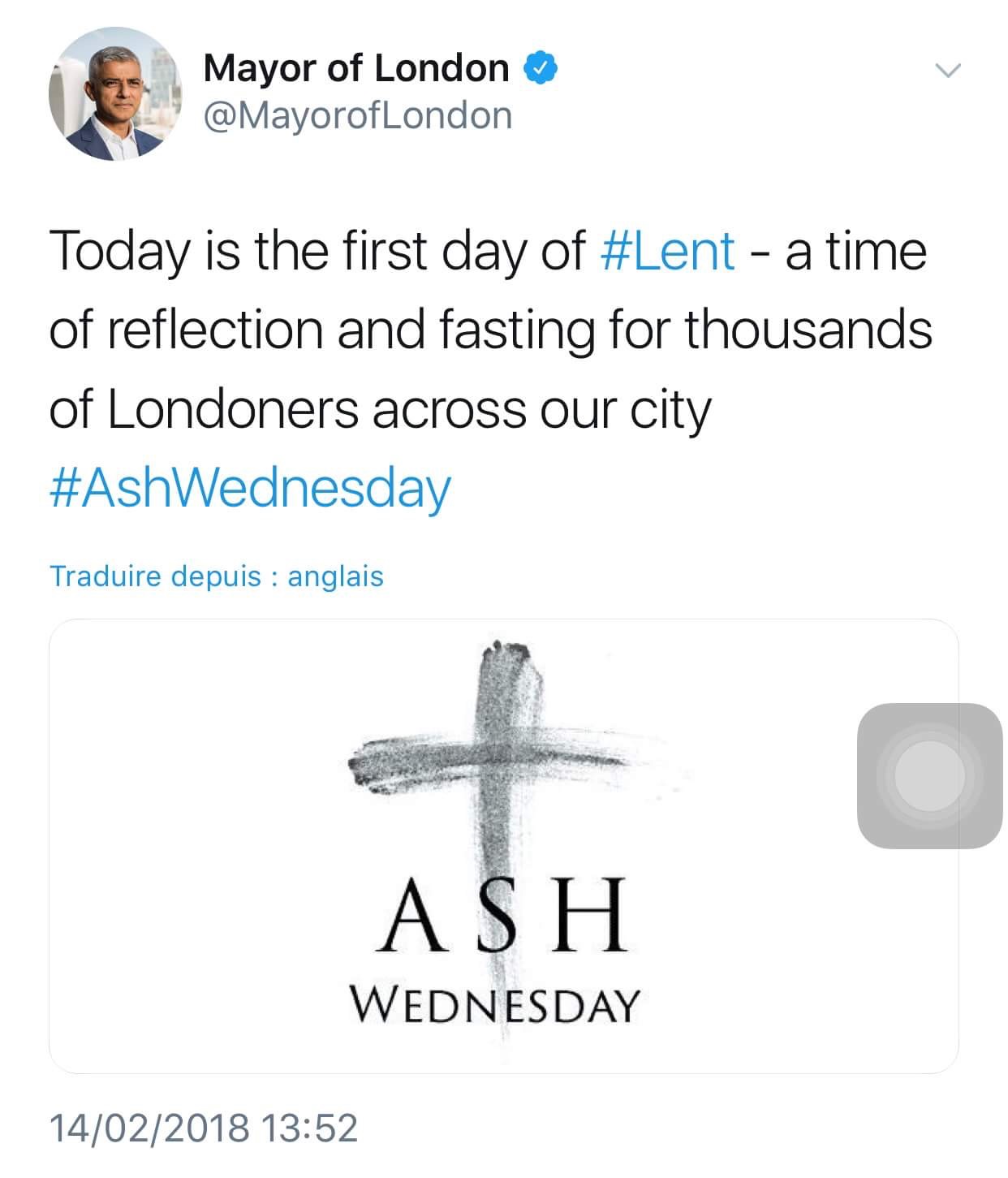 Le maire de Londres salue le mercredi des Cendres