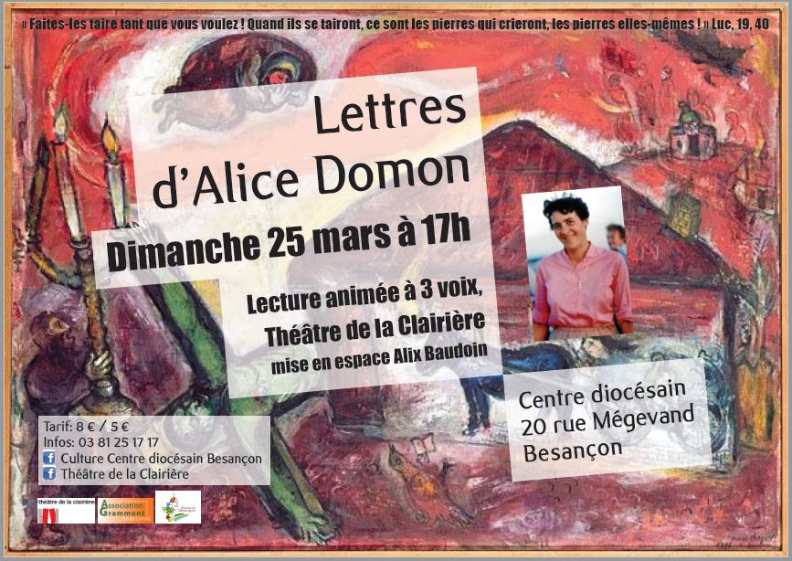 Lecture à troix voix « Lettres d’Alice Domon » par le Théâtre de la Clairière à Besançon (25) le 25 mars 2018