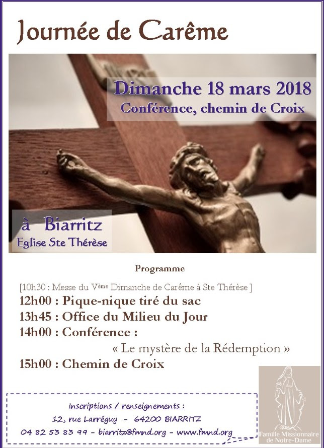 Journée de carême avec la Fraternité Missionnaire de Notre Dame le 18 mars à Biarritz (64)