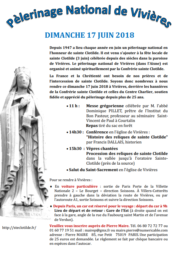 Pèlerinage National de Vivières (02) en l’honneur de sainte Clotilde le 17 juin 2018
