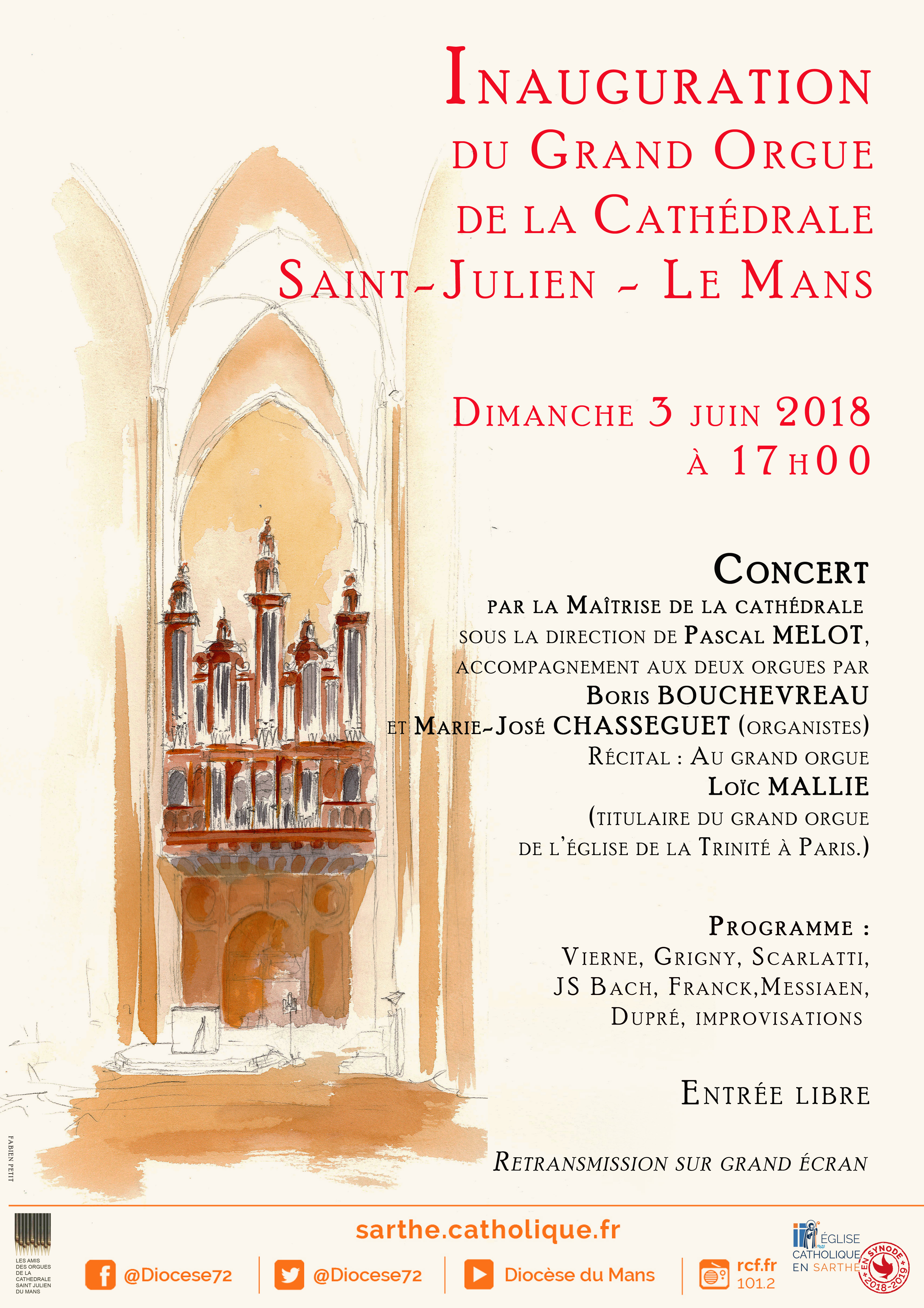 Inauguration du grand orgue – cathédrale Saint-Julien du Mans (72) : concert le 3 juin 2018
