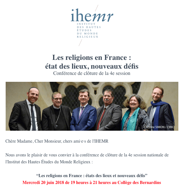 Conférence de l’IHEMR : « Les religions en France: état des lieux, nouveaux défis » le 20 juin 2018 à Paris