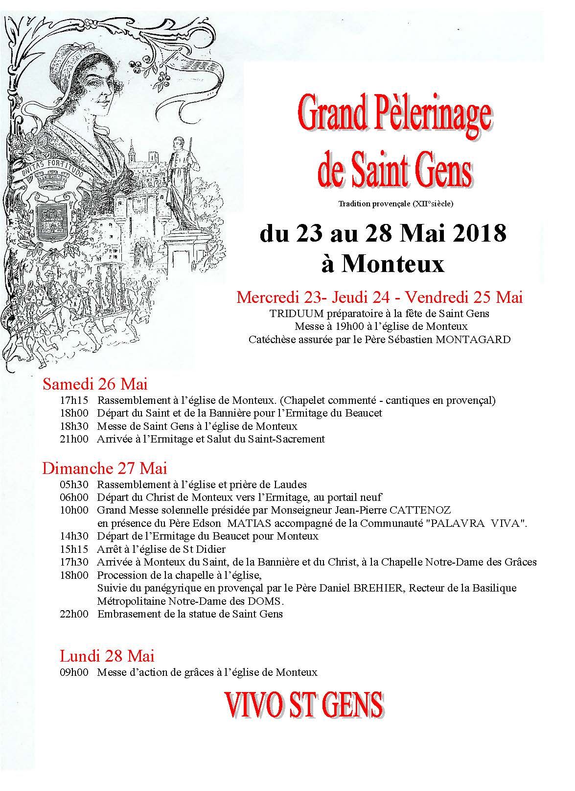 Grand pèlerinage de Saint Gens du 23 au 28 mai 2018 à Monteux (84)