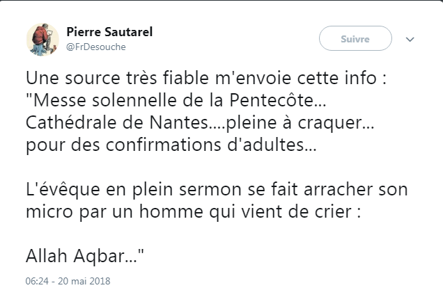 Nantes : un homme aurait confisqué le micro de l’évêque pour dire “Allah Akhbar” le jour de la Pentecôte