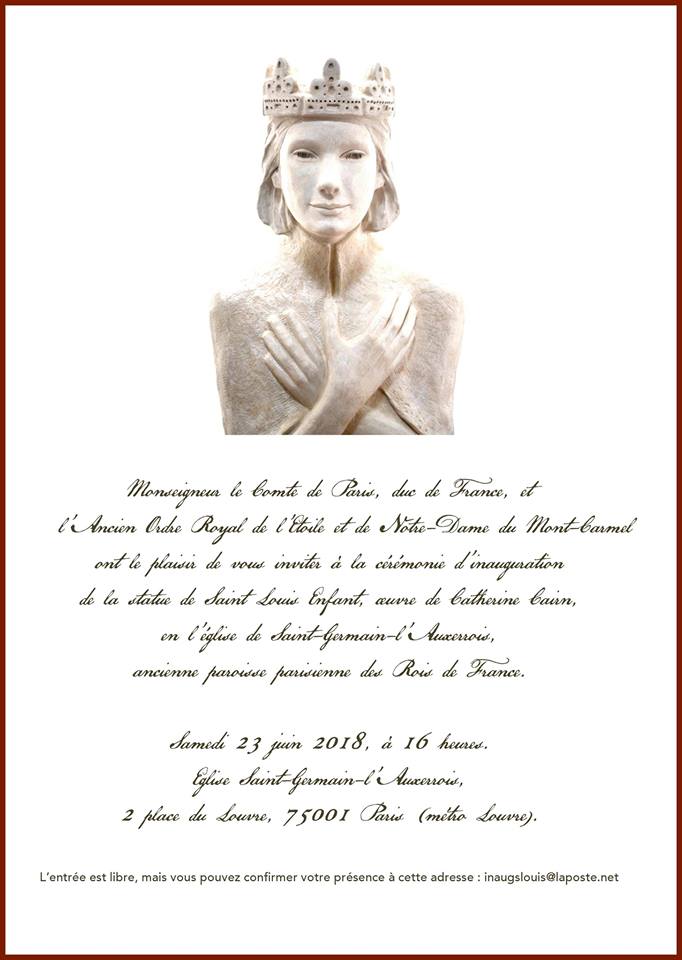 Inauguration de la statue de Saint Louis Enfant, oeuvre de Catherine Cairn, en l’église Saint-Germain-l’Auxerrois à Paris le 23 juin 2018