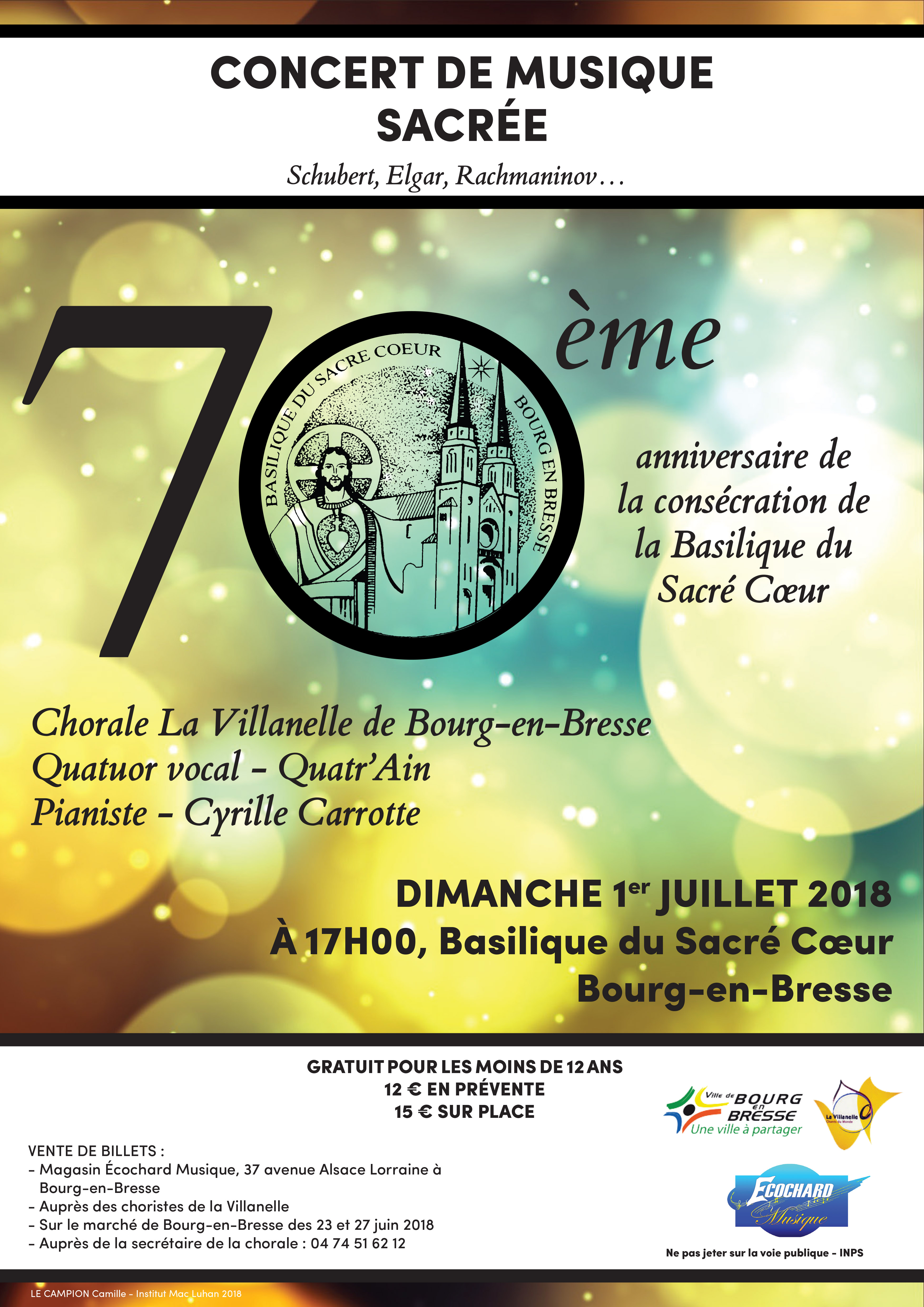 Concert de Musique Sacrée le 1er juillet 2018 à Bourg-en-Bresse (01) à l’occasion des 70 ans de la consécration de la Basilique