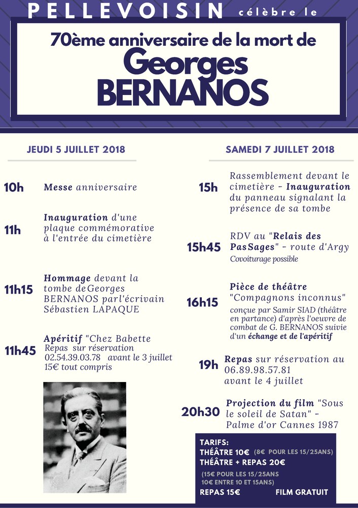 70ème anniversaire de la mort de Georges Bernanos à Pellevoisin (36) les 5 & 7 juillet 2018