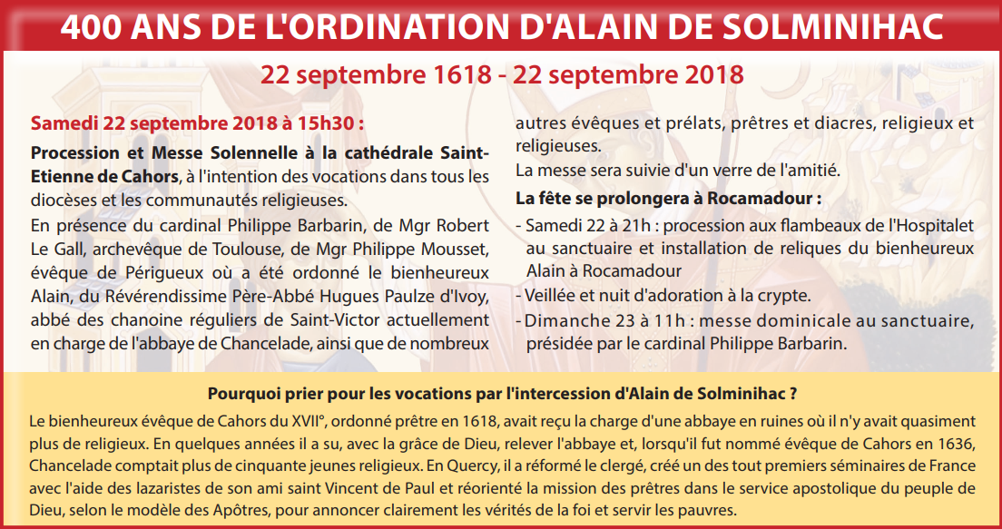 400 ans de l’ordination d’Alain de Solminihac le 22 septembre 2018 à Cahors (46)