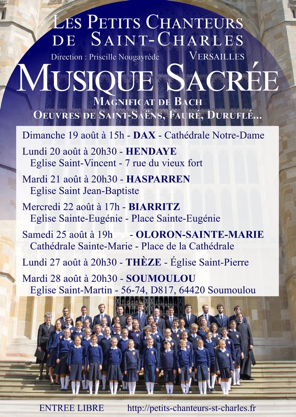 Concerts de Musique Sacrée des Petits Chanteurs de Saint Charles – Landes, Pays Basque et Béarn du 19 au 28 août 2018