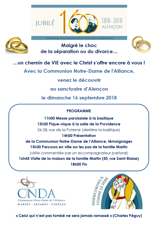 Journée avec la Communion Notre-Dame de l’Alliance pour les personnes divorcées ou séparées – Le 16 septembre 2018 au Sanctuaire d’Alençon (61)