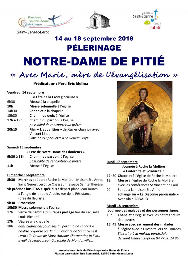 Pèlerinage à Notre Dame de Pitié du 14 au 18 septembre 2018 à Saint-Genest-Lerpt (42)