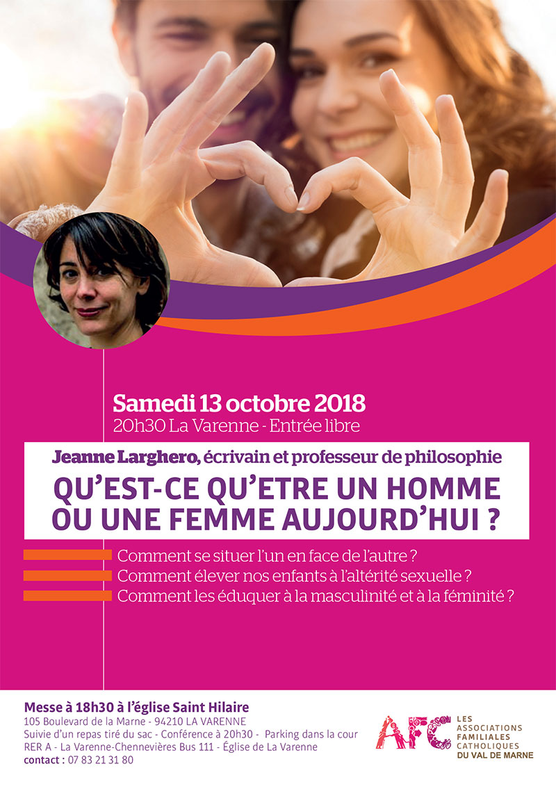 13 octobre 2018 : rencontre & conférence : “Qu’est-ce qu’être un homme ou une femme aujourd’hui” à La Varenne (94)