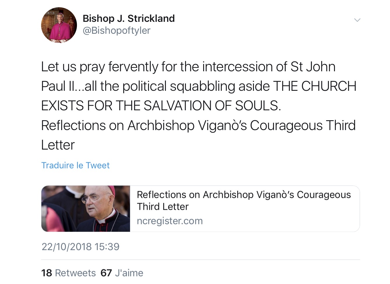 Troisième témoignage de Mgr Viganò: le soutien d’un évêque américain