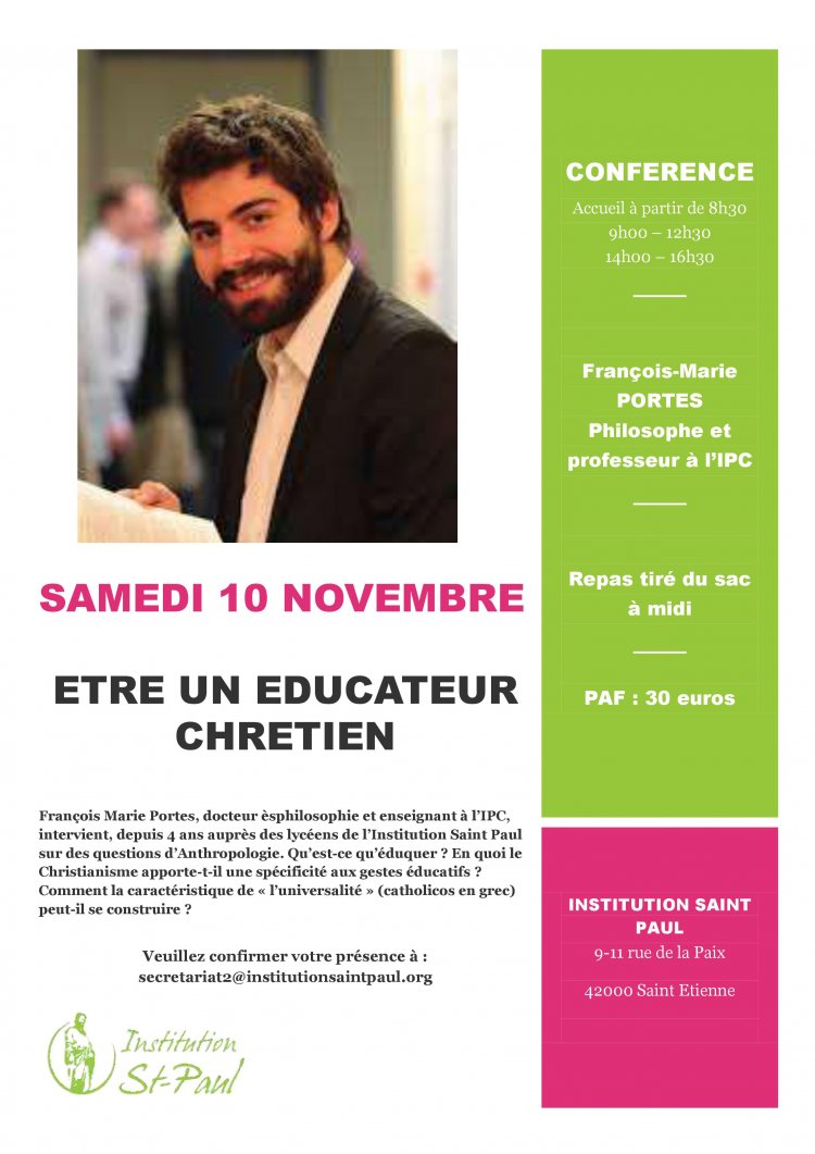 Conférence  » être un éducateur chrétien »  le 10 novembre 2018 à Saint-Etienne (42)