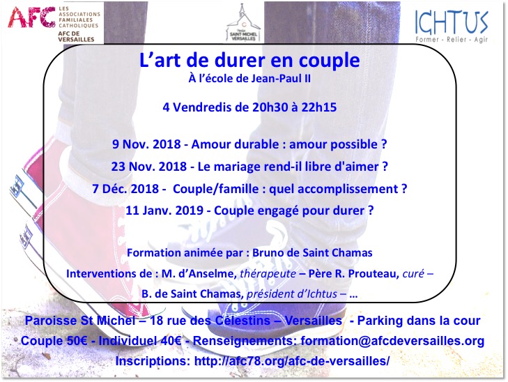 L’art de durer en couple – formation en 4 séances du 9 novembre 2018 au 11 janvier 2019 à Versailles (78)