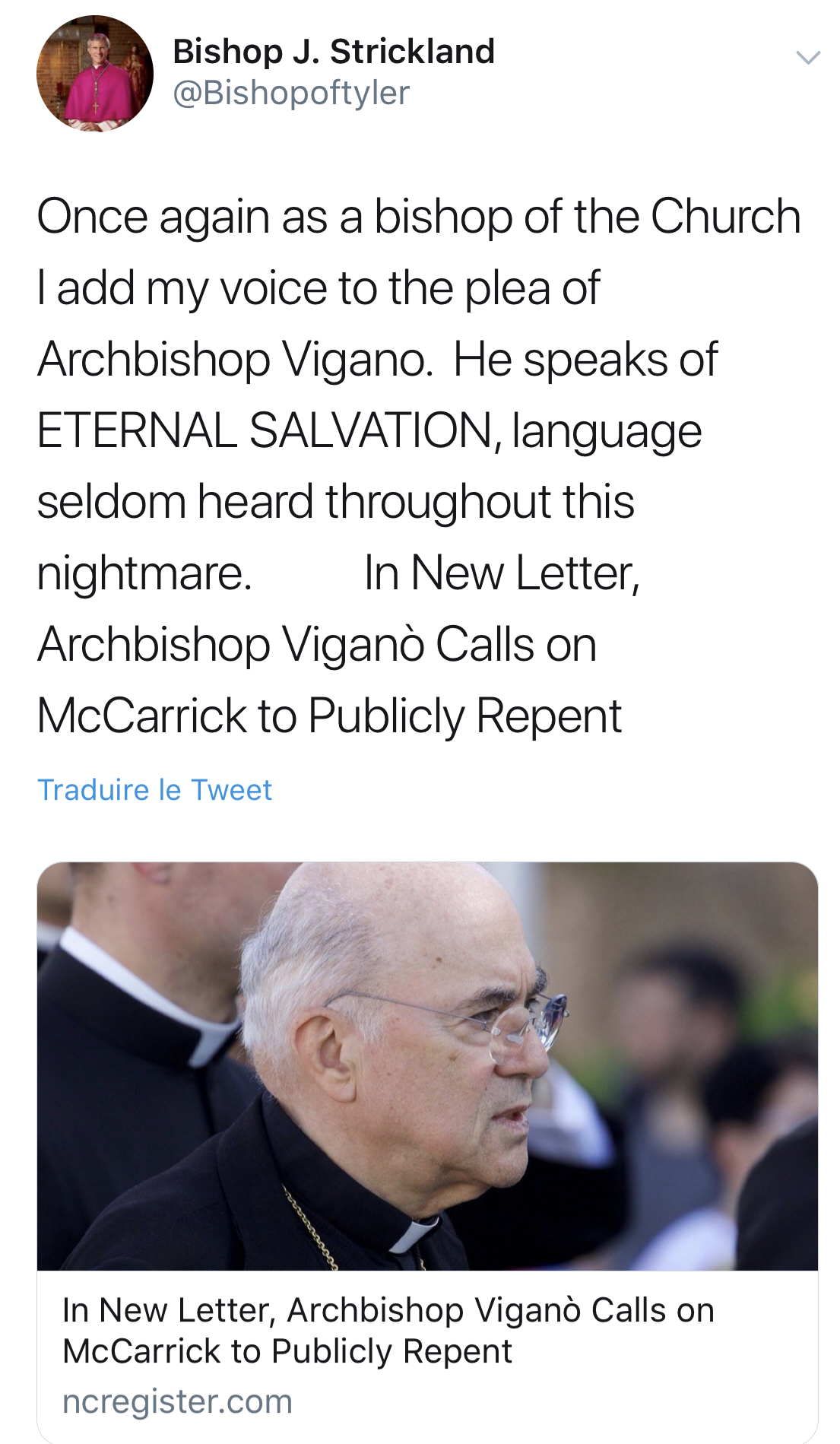 États-Unis: un évêque renouvelle son soutien à Mgr Viganò
