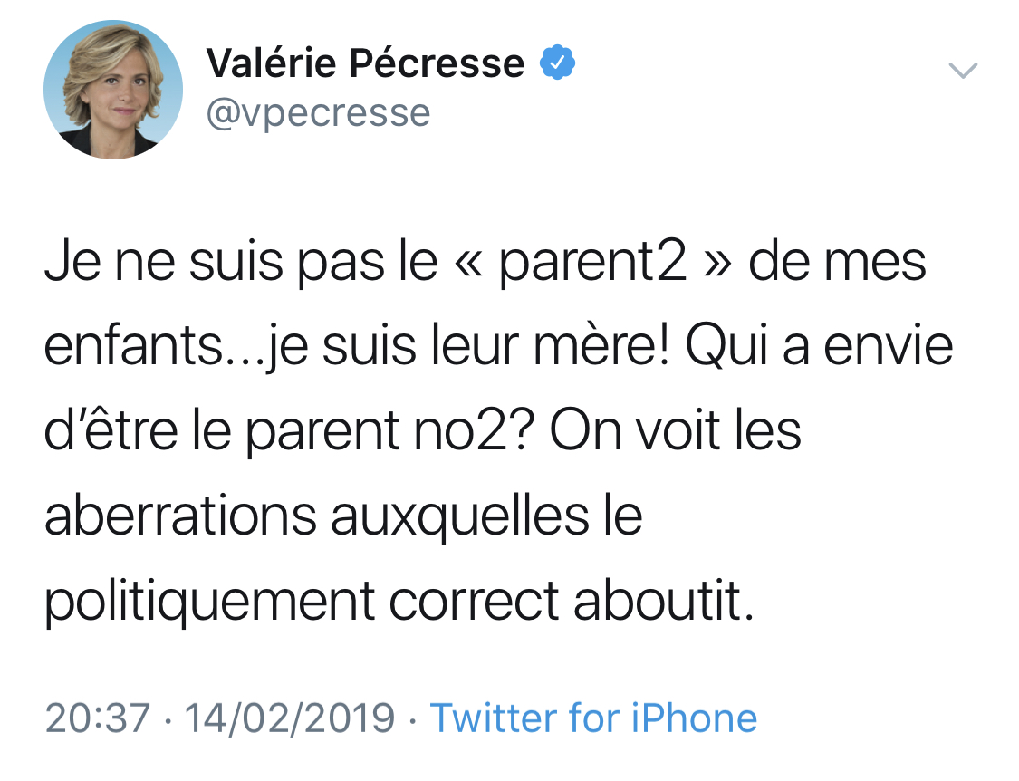 Parent 1 et parent 2 : le tweet de Valérie Pécresse