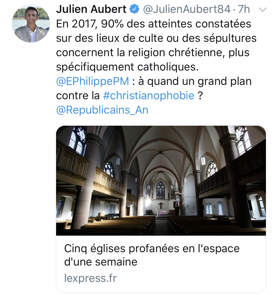 « À quand un grand plan contre la christianophobie ? » Le tweet de Julien Aubert