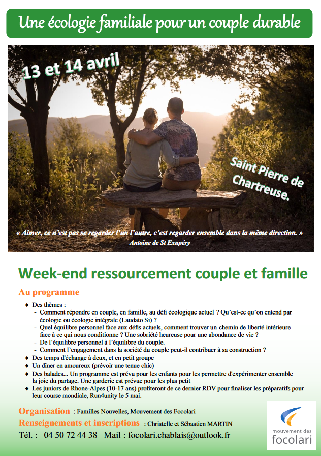 Week-end ressourcement couple et famille les 13 & 14 avril 2019 à Saint-Pierre de Chartreuse (38)