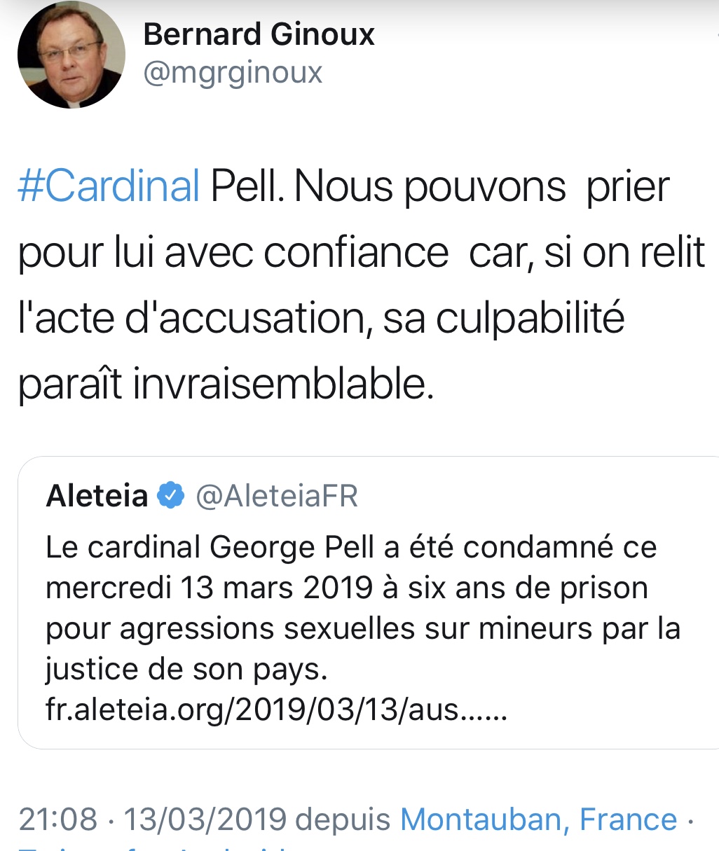 Tweet de soutien de Mgr Bernard Ginoux au cardinal Pell