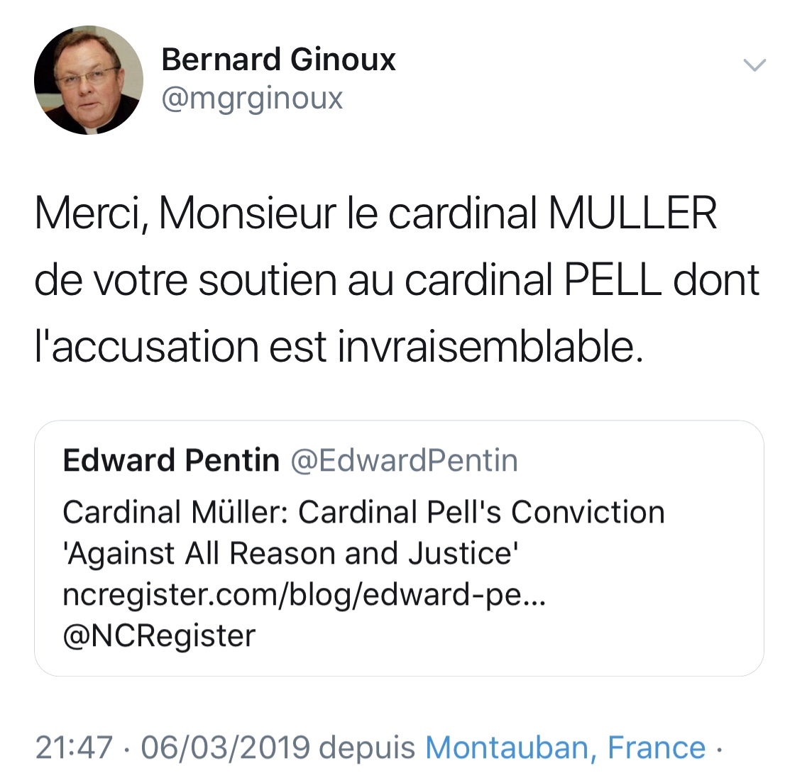 Le tweet de soutien de Mgr Ginoux au cardinal Müller