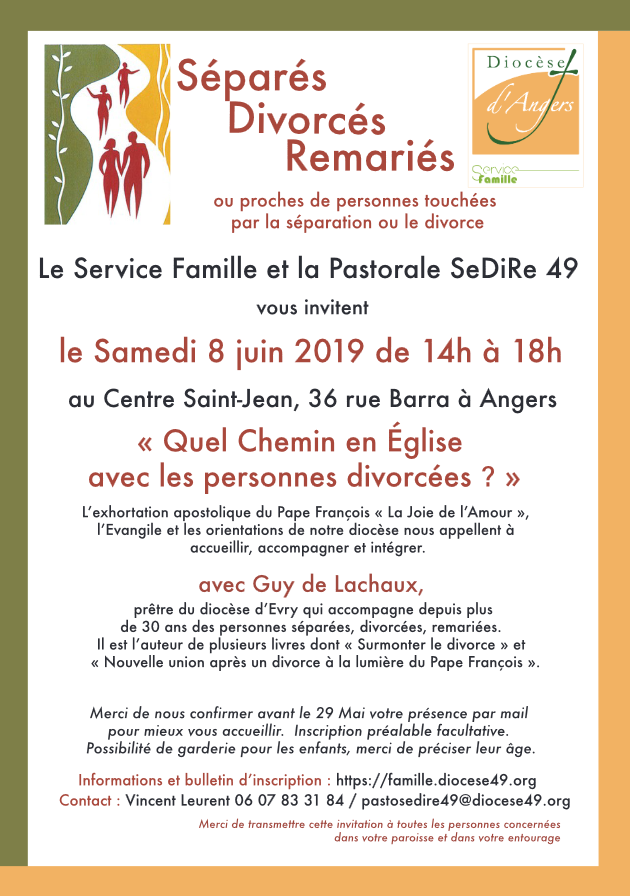 Rencontre pour les personnes Séparées, Divorcées, Divorcées vivant une nouvelle union – le 8 juin 2019 à Angers (49)