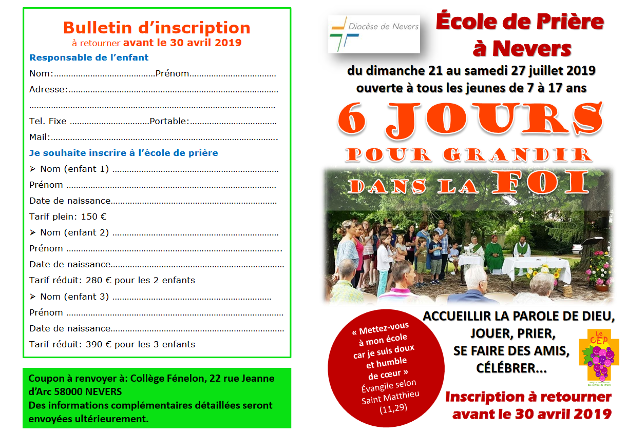 École de Prière Jeunes (EPJ) du 21 au 27 juillet 2019 à Nevers (58)