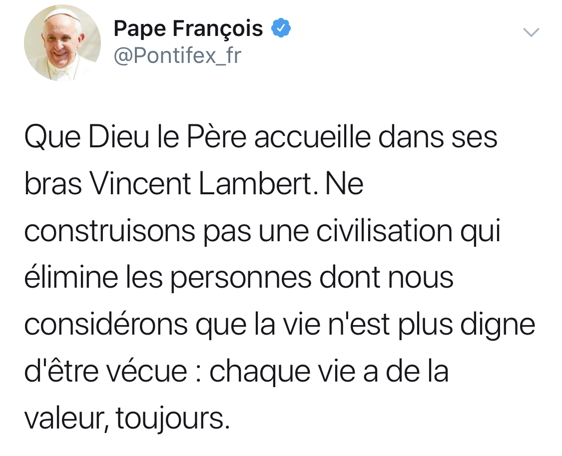 Décès de Vincent Lambert: réaction du pape François