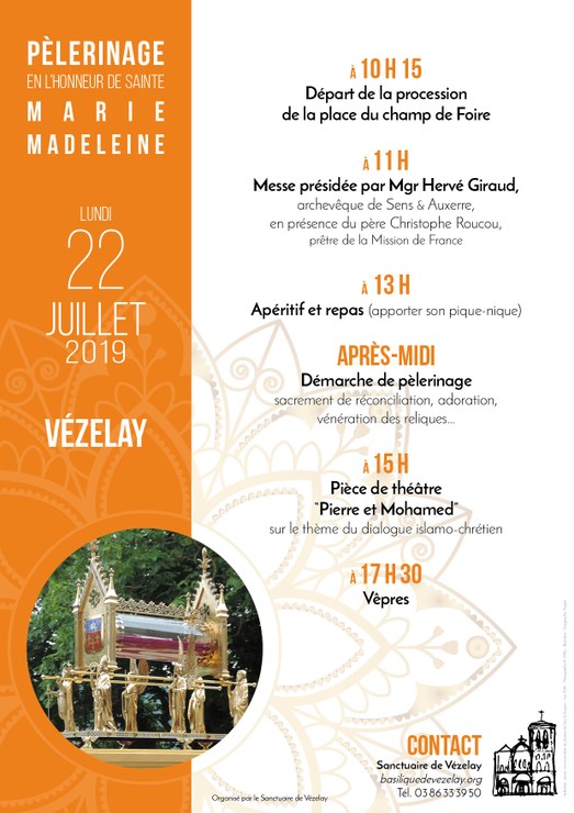 Pèlerinage à la suite de sainte Marie Madeleine le 22 juillet 2019 à Vézelay (89)