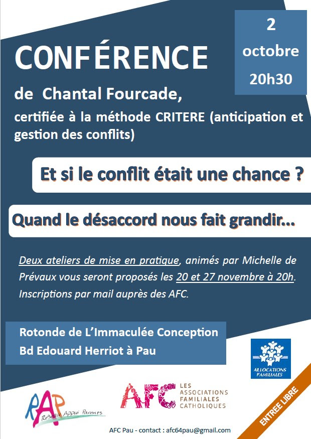 Conférence de Chantal Fourcade: « Et si le conflit était une chance ? » le 2 octobre 2019 à Pau (64)
