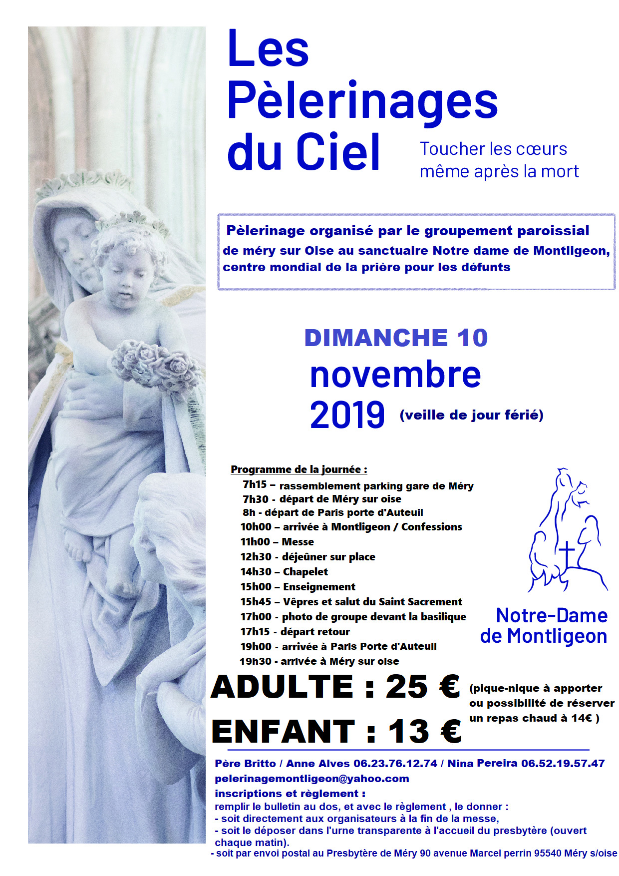 Pèlerinage en car pour Montligeon (61) au départ de Paris et de Méry-sur-Oise (95) en faveur des défunts et des âmes du purgatoire le 10 novembre 2019