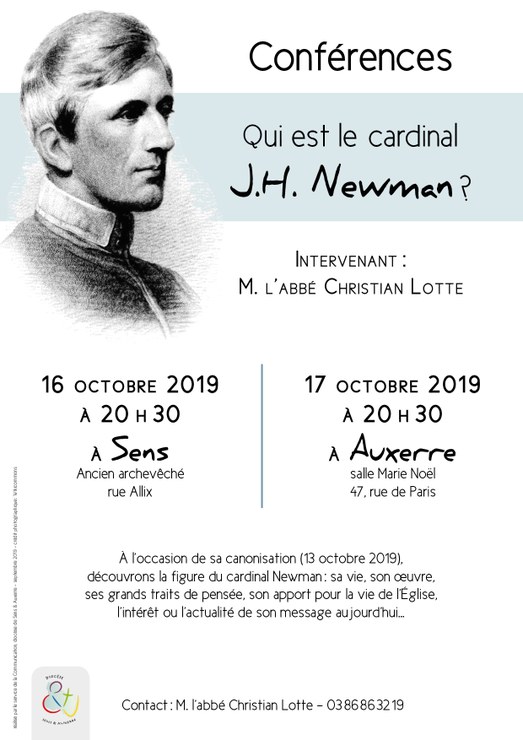 Conférence « Qui est le cardinal Newman ? » le 16 octobre 2019 à Sens (89) & le 17 octobre à Auxerre (89)