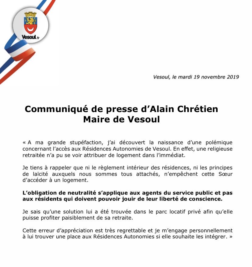 Le maire de Vesoul soutient la religieuse privée de maison de retraite