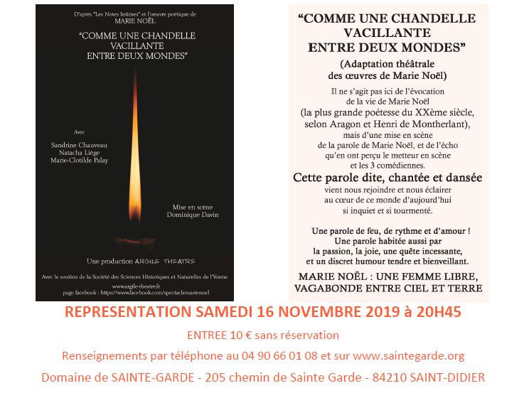 Théâtre :« Comme une chandelle vacillante entre deux mondes » le 16 novembre 2019 à Saint Didier (84)