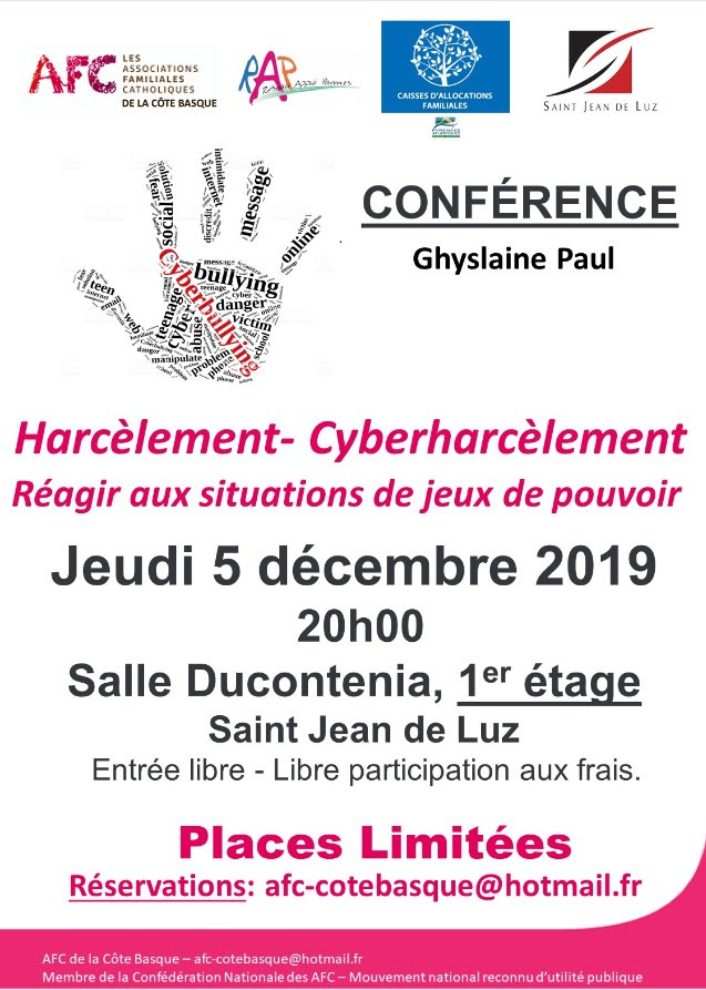 Conférence des AFC sur le harcèlement et le cyberharcèlement le 5 décembre à Saint-Jean-de-Luz (64)