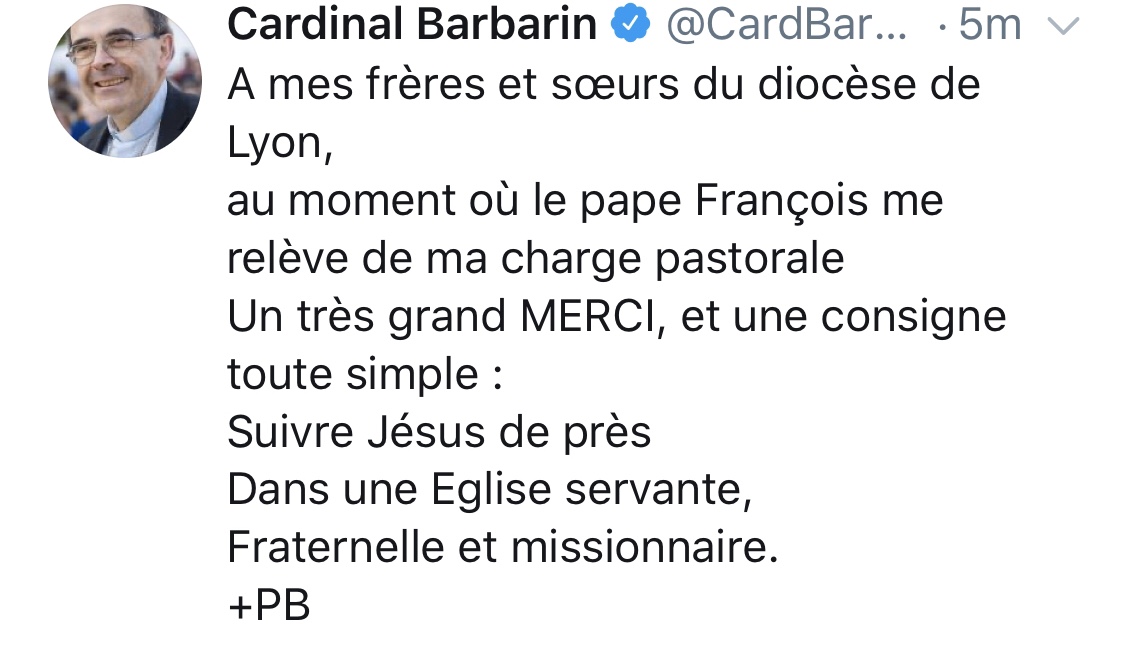 Le pape François accepte la démission du cardinal Barbarin