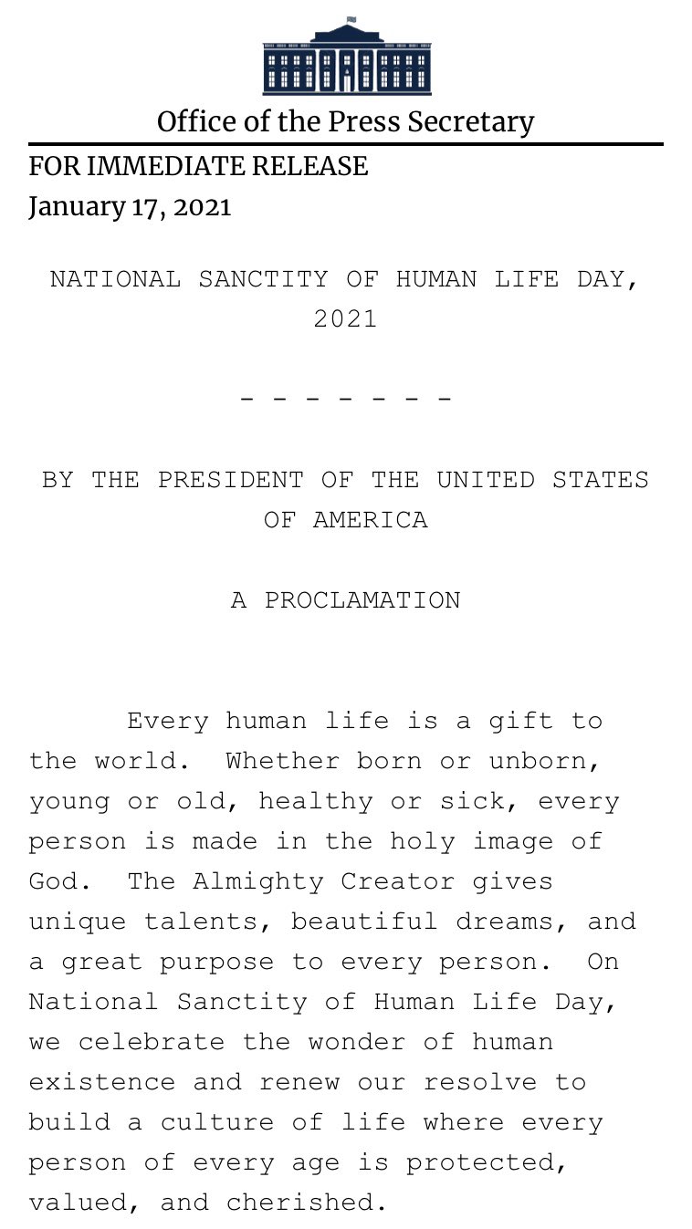 Donald Trump institue une journée de la sainteté de la vie humaine