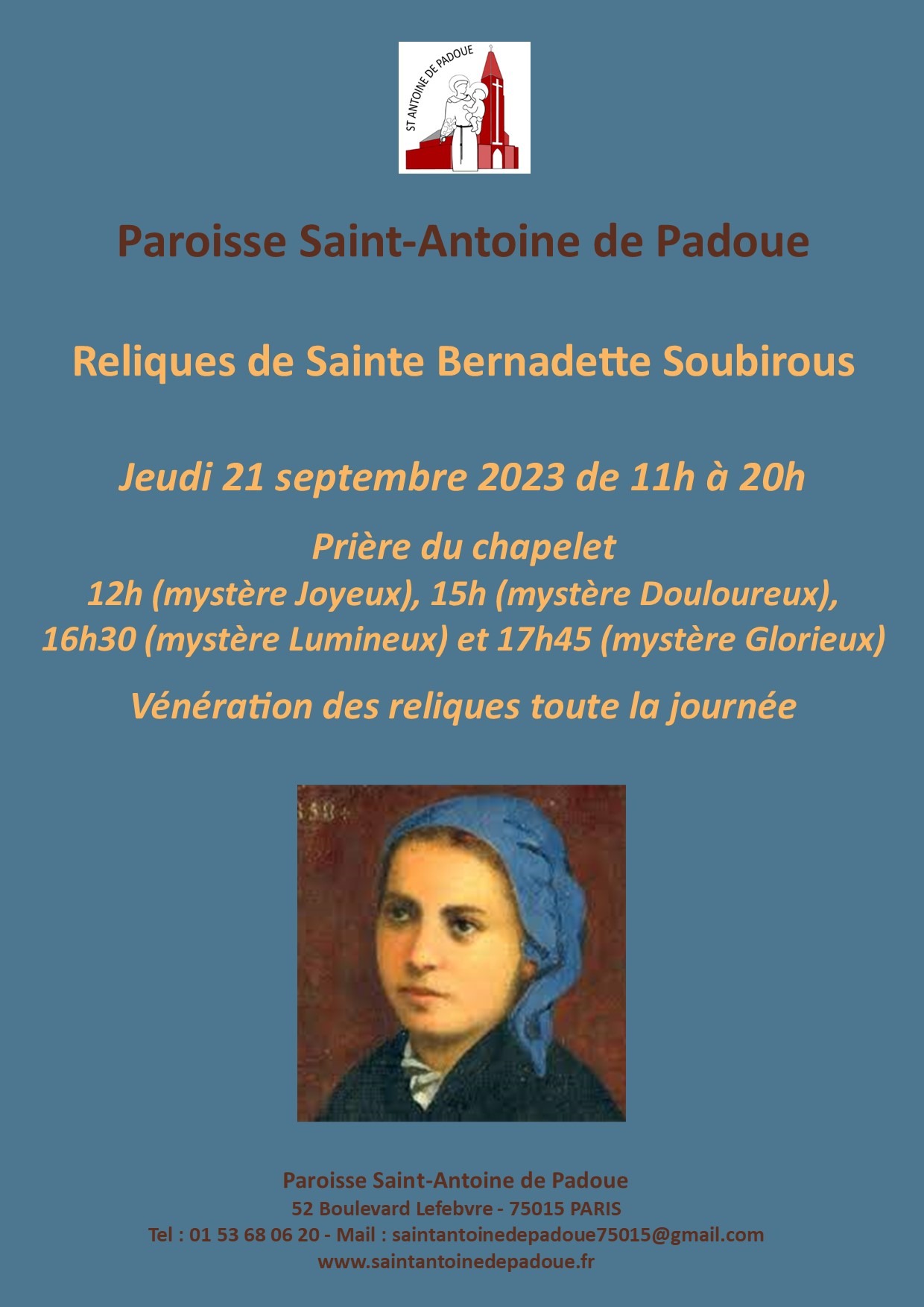 Paris: exposition des reliques de sainte Bernadette Soubirous a l’église Saint-Antoine de Padoue