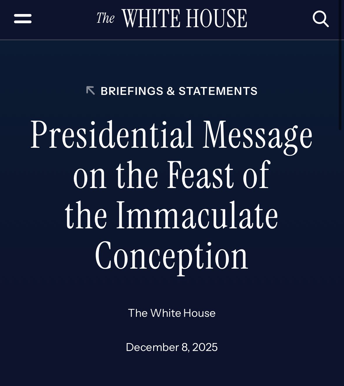 Le président Donald Trump reconnaît la Solennité particulière de l’Immaculée conception