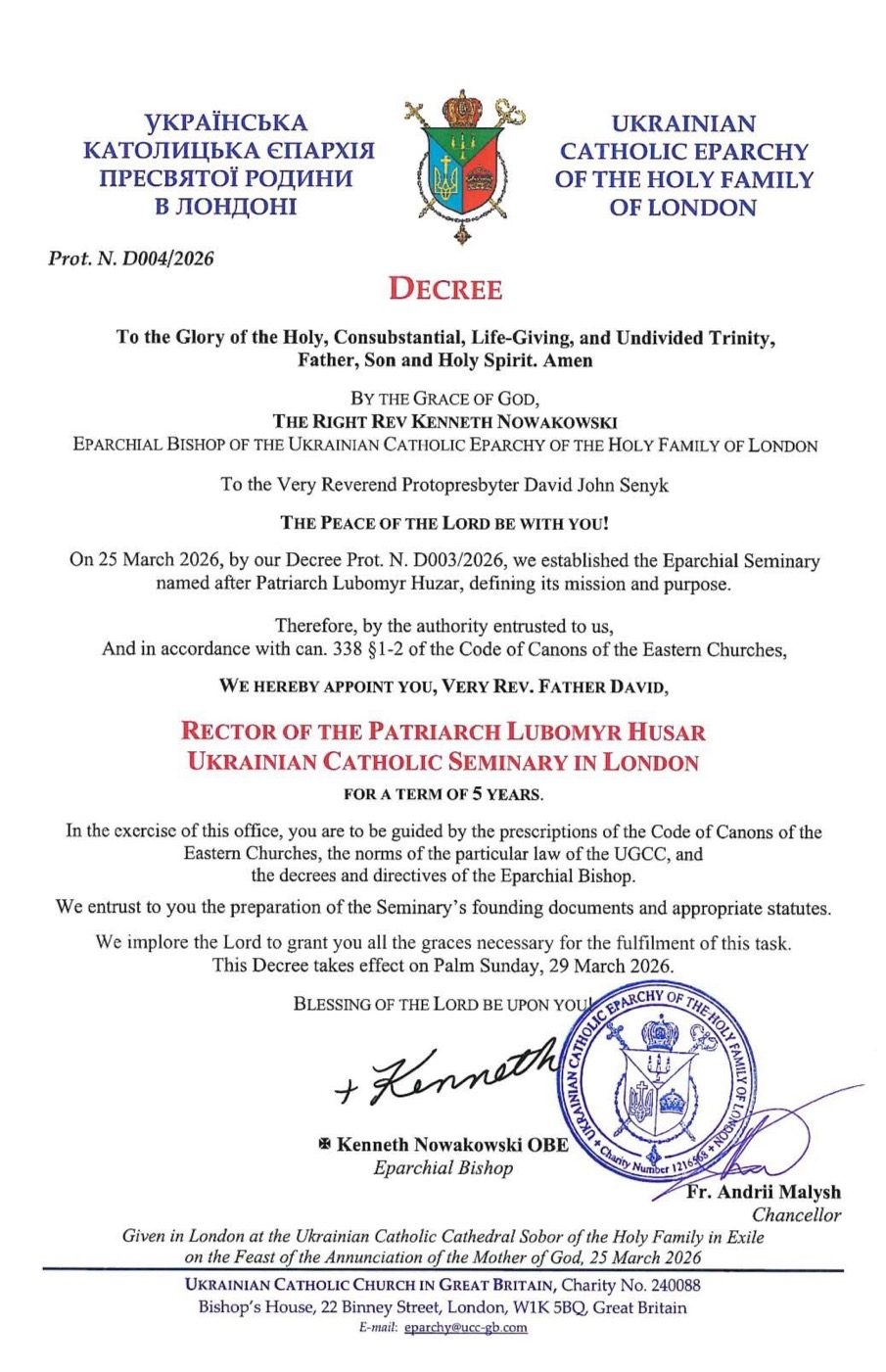 Londres: ouverture d’un deuxième séminaire catholique pour les prêtres de rite byzantin