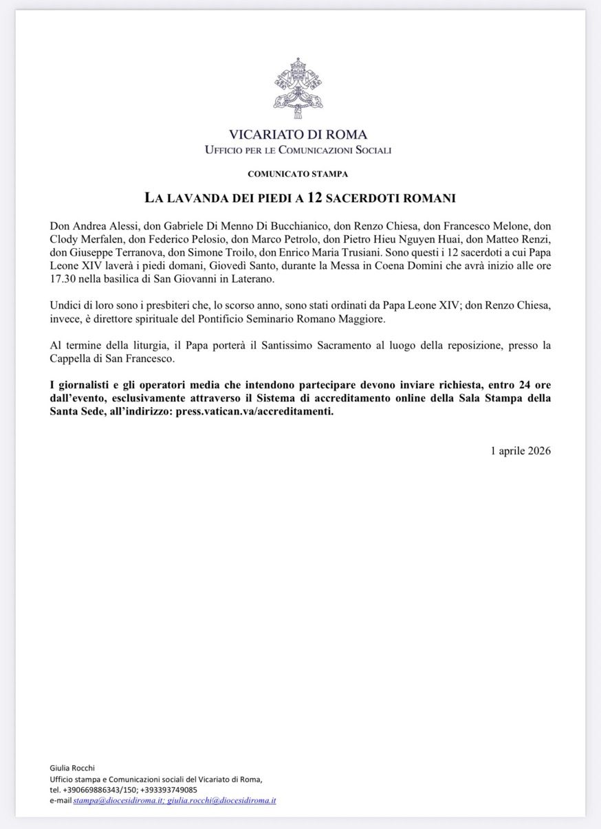 Première messe du Jeudi saint pour Léon XIV qui lavera les pieds de douze prêtres